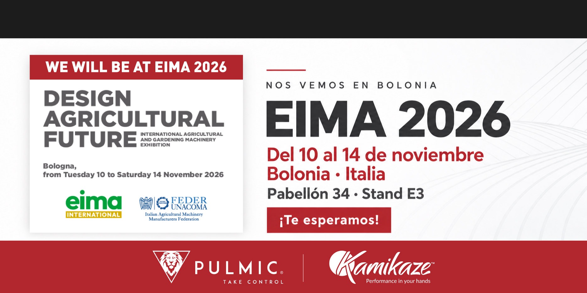 Pulmic y Kamikaze en EIMA 2026, del 10 al 14 de noviembre en Bolonia, Italia. Pabellón 34, stand E3