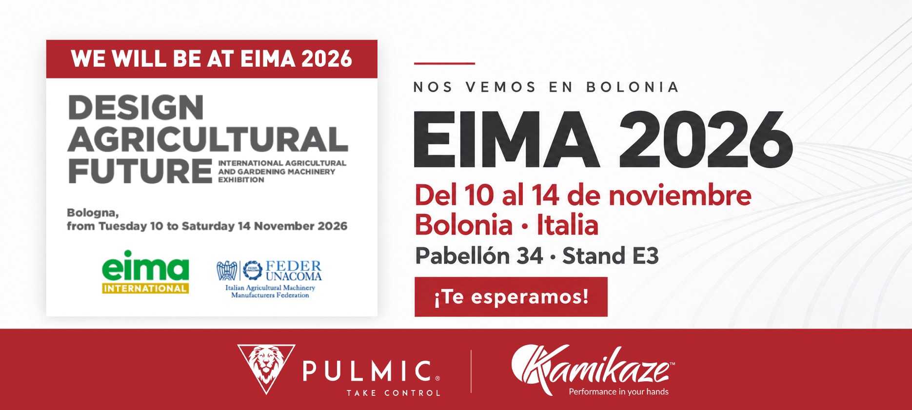 Pulmic y Kamikaze en EIMA 2026, del 10 al 14 de noviembre en Bolonia, Italia. Pabellón 34, stand E3