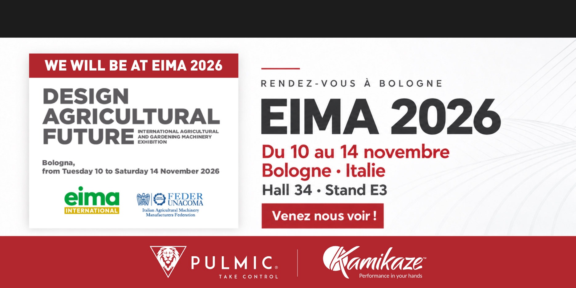 Pulmic et Kamikaze à l'EIMA 2026, du 10 au 14 novembre à Bologne, Italie. Hall 34, stand E3